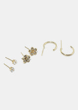 Load image into Gallery viewer, 3-Pair Rhinestone Flower &amp; Half Hoop Earrings

